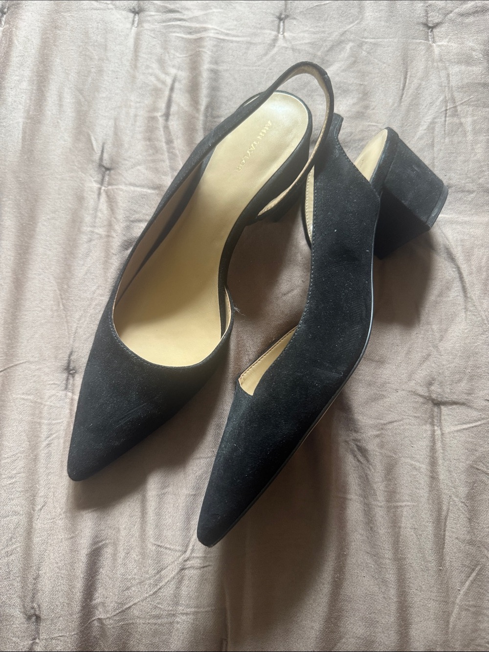 Ann Taylor Black Suede Pointed Slingback Block Heels